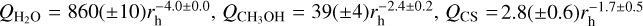 ${Q_{{{\rm{H}}_{\rm{2}}}{\rm{O}}}} = 860\left( { \pm 10} \right)r_{\rm{h}}^{ - 4.0 \pm 0.0},{Q_{{\rm{C}}{{\rm{H}}_{\rm{3}}}{\rm{OH}}}} = 39\left( { \pm 4} \right)r_{\rm{h}}^{ - 2.4 \pm 0.2},{Q_{{\rm{CS}}}} = 2.8\left( { \pm 0.6} \right)r_{\rm{h}}^{ - 1.7 \pm 0.5}$