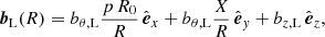 $$ \begin{aligned} \boldsymbol{b}_{\rm L}(R) = b_{\theta , \mathrm{L}} \frac{p\, R_{0}}{R}\, \hat{\boldsymbol{e}}_x + b_{\theta , \mathrm{L}} \frac{X}{R}\,\hat{\boldsymbol{e}}_y + b_{z, \mathrm{L}}\, \hat{\boldsymbol{e}}_z , \end{aligned} $$