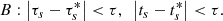 $$ \begin{aligned} B: \left|\tau _s-\tau _s^*\right|<\tau ,\ \ \left|t_s-t_s^*\right| < \tau . \end{aligned} $$