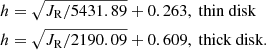 $$ \begin{aligned}&h = \sqrt{J_{\rm R}/5431.89}+0.263, \text{ thin} \text{ disk} \nonumber \\&h = \sqrt{J_{\rm R}/2190.09}+0.609, \text{ thick} \text{ disk}. \end{aligned} $$