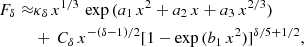 $$ \begin{aligned} F_{\delta } \approx &\kappa _{\delta } \, x^{1/3} \, \exp {(a_1 \, x^2 + a_2 \, x + a_3 \, x^{2/3})} \nonumber \\&+ \, C_{\delta } \, x^{-(\delta -1)/2}[1 - \exp {(b_1 \, x^2)}]^{\delta /5+1/2},\nonumber \end{aligned} $$