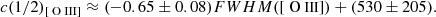 $$ \begin{aligned} c(1/2)_{\rm [{\text{ O}}{\small { {\text{ III}}}}]} \approx (-0.65 \pm 0.08) {FWHM}(\mathrm{[{\text{ O}}{\small { {\text{ III}}}}]}) + (530 \pm 205). \end{aligned} $$