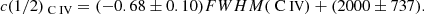$$ \begin{aligned} c(1/2)_{\rm {\text{ C}}{\small { {\text{ IV}}}}} = (-0.68 \pm 0.10) {FWHM}(\mathrm{{\text{ C}}{\small { {\text{ IV}}}}}) + (2000 \pm 737). \end{aligned} $$