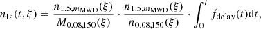 $$ \begin{aligned} n_{\rm Ia}(t, \xi )= \frac{n_{1.5,m_{\rm MWD}}(\xi )}{M_{0.08,150}(\xi )} \cdot \frac{n_{1.5,m_{\rm MWD}}(\xi )}{n_{0.08,150}(\xi )} \cdot \int _{0}^tf_{\rm delay}(t)\mathrm{d} t, \end{aligned} $$