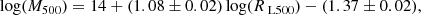 $$ \begin{aligned} \log (M_{500})= 14 + (1.08 \pm 0.02)\log ({R}_{\text{ L}500}) - (1.37 \pm 0.02), \end{aligned} $$