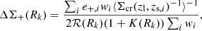 $$ \begin{aligned} \Delta \Sigma _{+} (R_k) = \frac{\sum _{i} e_{+,i} { w}_{i} \langle \Sigma _{\mathrm{cr}}(z_{\rm l}, z_{\mathrm{s},i})^{-1}\rangle ^{-1}}{2 \mathcal{R} (R_k) (1+K(R_k)) \sum _{i} { w}_{i}}, \end{aligned} $$