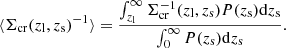$$ \begin{aligned} \langle \Sigma _{\mathrm{cr}}(z_{\rm l},z_{\rm s})^{-1}\rangle = \frac{\int ^\infty _{z_{\rm l}}\Sigma _{\mathrm{cr}}^{-1}(z_{\rm l},z_{\rm s})P(z_{\rm s})\mathrm{d}z_{\rm s}}{\int ^\infty _{0}P(z_{\rm s})\mathrm{d}z_{\rm s}}. \end{aligned} $$