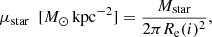 $$ \begin{aligned} {\mu _{\rm star} \ \ [M_{\odot }\,\mathrm {kpc^{-2}}] = {\frac{M_{\rm star}}{2\pi R_{\rm e}(i)^2}} } ,\end{aligned} $$