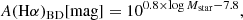 $$ \begin{aligned} {A(\mathrm{H}\alpha )_{\rm BD} [\mathrm {mag}]= 10^{0.8 \times \log M_{\rm star} -7.8}} ,\end{aligned} $$
