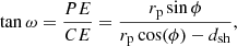 $$ \begin{aligned} \tan \omega = \frac{PE}{CE} = \frac{r_{\rm p}\sin \phi }{r_{\rm p} \cos (\phi ) - d_{\rm sh}}, \end{aligned} $$