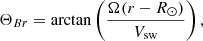 $$ \begin{aligned} \Theta _{Br} = \arctan \left(\frac{\Omega (r - R_\odot )}{V_{\rm sw}}\right), \end{aligned} $$