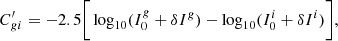 $$ \begin{aligned} C_{gi}^{\prime } = -2.5\bigg [ \log _{10} (I_0^g+\delta I^g) - \log _{10} (I_0^i+\delta I^i) \bigg ], \end{aligned} $$