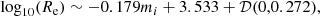 $$ \begin{aligned} \log _{10}(R_{\mathrm{e} }) \sim -0.179 m_i + 3.533 + \mathcal{D} (0,0.272), \end{aligned} $$