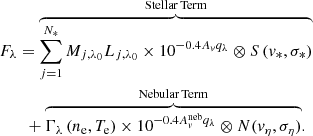 $$ \begin{aligned}&F_{\lambda } = \overbrace{\sum _{j=1}^{N_{*}} M_{j,\lambda _{0}} L_{j,\lambda _{0}} \times 10^{-0.4 A_{{v}} q_{\lambda }} \otimes S \left( {v}_{*}, \sigma _{*} \right) }^\mathrm{Stellar\,Term}\\ &\quad \quad + \overbrace{ \Gamma _{\lambda } \left( n_{\rm e}, T_{\rm e} \right) \times 10^{-0.4 A_{{v}}^\mathrm{neb} q_{\lambda }} \otimes N ( {v}_{\eta }, \sigma _{\eta }) }^\mathrm{Nebular\,Term}.\nonumber \end{aligned} $$