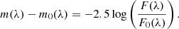 $$ \begin{aligned} m(\lambda )-m_{0}(\lambda ) = -2.5\log \left( \dfrac{F(\lambda )}{F_{0}(\lambda )} \right) .\end{aligned} $$