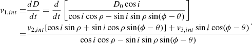 $$ \begin{aligned} \begin{aligned} v_{1,int} \equiv&\frac{dD}{dt} = \frac{d}{dt} \left[ \frac{D_0 \cos i}{\cos i \cos \rho - \sin i \sin \rho \sin (\phi -\theta )} \right] \\ =&\frac{v_{2,int} [\cos i \sin \rho + \sin i \cos \rho \sin (\phi - \theta )] + v_{3,int} \sin i \cos (\phi - \theta )}{\cos i \cos \rho - \sin i \sin \rho \sin (\phi - \theta )} \end{aligned} .\end{aligned} $$