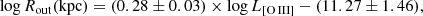 $$ \begin{aligned} \log R_{\mathrm{out} } (\mathrm{kpc}) = (0.28 \pm 0.03) \times \log L_{\rm [O\,III] } - (11.27 \pm 1.46), \end{aligned} $$