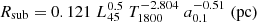 $$ \begin{aligned} R_{\rm sub} = 0.121 \; L_{45}^{0.5} \; T_{1800}^{-2.804} \; a_{0.1}^{-0.51} \; (\mathrm{pc}) \end{aligned} $$
