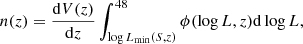 $$ \begin{aligned} n(z) = \frac{\mathrm{d}V(z)}{\mathrm{d}z} \int _{\log L_{\rm min}(S,z)}^{48} \phi (\log {L},z) \mathrm{d}\log {L}, \end{aligned} $$