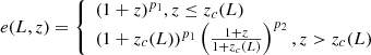 $$ \begin{aligned} e(L,z) = {\left\{ \begin{array}{ll} (1+z)^{p_1}, z\le z_c(L)\\ (1+z_c(L))^{p_1} \left( \frac{1+z}{1+z_c(L)} \right)^{p_2}, z > z_c(L) \end{array}\right.} \end{aligned} $$