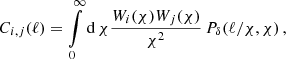 $$ \begin{aligned} C_{i,j}(\ell ) = \int \limits _0^\infty {\mathrm{d}}\, \chi \frac{W_i(\chi )W_j(\chi )}{\chi ^2}\,P_\delta (\ell /\chi ,\chi )\, , \end{aligned} $$