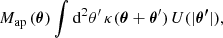 $$ \begin{aligned} M _{\mathrm{ap} }\left(\boldsymbol{\theta }\right) \int {\mathrm{d}}^2\theta^\prime \,\kappa (\boldsymbol{\theta }+\boldsymbol{\theta }^\prime )\,U(|\boldsymbol{\theta^\prime }|), \end{aligned} $$