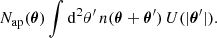 $$ \begin{aligned} N_{ \mathrm{ap} }(\boldsymbol{\theta }) \int {\mathrm{d}}^2\theta^\prime \,n(\boldsymbol{\theta }+\boldsymbol{\theta }^\prime )\,U(|\boldsymbol{\theta }^\prime |). \end{aligned} $$