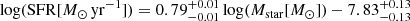 $$ \begin{aligned} {\log }(\mathrm{SFR}[M_{\odot }\,\mathrm{yr}^{-1}]) = 0.79^{+0.01}_{-0.01}\,{\log }(M_{\rm star}[M_{\odot }]) - 7.83^{+0.13}_{-0.13} \end{aligned} $$