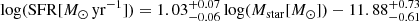 $$ \begin{aligned} {\log }(\mathrm{SFR}[M_{\odot }\,\mathrm{yr}^{-1}]) = 1.03^{+0.07}_{-0.06}\,{\log }(M_{\rm star}[M_{\odot }]) - 11.88^{+0.73}_{-0.61} \end{aligned} $$