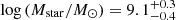 $ \log{(M_{\mathrm{star}}/{M}_\odot)} = 9.1^{+0.3}_{-0.4} $