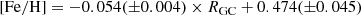 $$ \begin{aligned} \mathrm{[Fe/H]}= -0.054(\pm 0.004)\times R_{\rm GC}+0.474(\pm 0.045) \end{aligned} $$