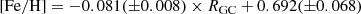 $$ \begin{aligned} \mathrm{[Fe/H]} = -0.081(\pm 0.008)\times R_{\rm GC}+0.692(\pm 0.068) \end{aligned} $$