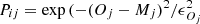 $ P_{ij} = \exp{(-(O_j-M_j)^2/\epsilon_{O_j}^2} $