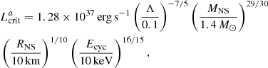$$ \begin{aligned}&L^a_{\rm crit} = 1.28\times 10^{37}\,\mathrm{erg}\,\mathrm{s}^{-1} \left(\frac{\Lambda }{0.1}\right)^{-7/5} \left(\frac{M_{\rm NS}}{1.4\,M_\odot }\right)^{29/30}\nonumber \\ &\left(\frac{R_{\rm NS}}{10\,\mathrm{km}}\right)^{1/10} \left(\frac{E_{\rm cyc}}{10\,\mathrm {keV}}\right)^{16/15}, \end{aligned} $$