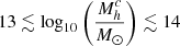$ 13 \lesssim \log_{10} \bigg(\frac{M^c_h}{M_{\odot}}\bigg) \lesssim 14 $