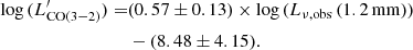 $$ \begin{aligned} \log {(L^\prime _{\rm CO(3{-}2)})} =&(0.57 \pm 0.13) \times \log {(L_{\nu ,\mathrm{obs}}\,(1.2\,\mathrm{mm}))}\nonumber \\&-(8.48 \pm 4.15). \end{aligned} $$