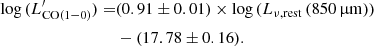 $$ \begin{aligned} \log {(L^\prime _{\rm CO(1{-}0)})} =&(0.91 \pm 0.01) \times \log {(L_{\nu ,\mathrm{rest}}\,(850\,\upmu \mathrm{m}))}\nonumber \\&- (17.78 \pm 0.16). \end{aligned} $$