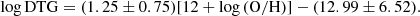 $$ \begin{aligned} \log \mathrm{DTG} = (1.25 \pm 0.75)[12 + \log \mathrm{(O/H)}] - (12.99 \pm 6.52). \end{aligned} $$