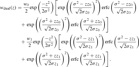 $$ \begin{aligned} { w}_{\mathrm{dual} }(z)&= \frac{{ w}_0}{2}\mathrm{exp} \left(\frac{{-z}^2}{2\sigma ^2}\right) \left[\mathrm{exp} \left(\left( {\frac{\sigma ^2 - z z_0}{\sqrt{2}\sigma z_0}}\right)^2\right) \mathrm{erfc} \left( {\frac{\sigma ^2 - z z_0}{\sqrt{2}\sigma z_0}} \right)\right.\nonumber \\&\quad +\left. \mathrm{exp} \left( \left({\frac{\sigma ^2 + z z_0}{\sqrt{2}\sigma z_0}} \right)^2\right) \mathrm{erfc} \left( {\frac{\sigma ^2 + z z_0}{\sqrt{2}\sigma z_0}} \right) \right]\nonumber \\&\quad + \frac{{ w}_1}{2}\mathrm{exp} \left(\frac{{-z}^2}{2\sigma ^2}\right) \left[\mathrm{exp} \left(\left( {\frac{\sigma ^2 - z z_1}{\sqrt{2}\sigma z_1}}\right)^2\right) \mathrm{erfc} \left( {\frac{\sigma ^2 - z z_1}{\sqrt{2}\sigma z_1}} \right) \right. \nonumber \\&\quad + \left. \mathrm{exp} \left(\left( {\frac{\sigma ^2 + z z_1}{\sqrt{2}\sigma z_1}} \right)^2\right) \mathrm{erfc} \left( {\frac{\sigma ^2 + z z_1}{\sqrt{2}\sigma z_1}} \right) \right]. \end{aligned} $$
