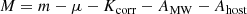 $$ \begin{aligned} {M} = {m} - \mu - K_{\mathrm{corr} } - {A}_{\mathrm{MW} } - {A}_{\mathrm{host} } \end{aligned} $$