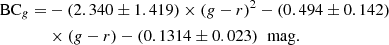 $$ \begin{aligned} \mathrm{BC}_{g} =&-(2.340 \pm 1.419) \times (g-r)^2 - (0.494 \pm 0.142) \\&\times (g-r) - (0.1314 \pm 0.023)\;\;\mathrm{mag}. \end{aligned} $$