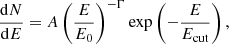 $$ \begin{aligned} \frac{\mathrm{d}N}{\mathrm{d}E} = A \left(\frac{E}{E_0}\right)^{-\Gamma } \exp \left(-\frac{E}{E_{\mathrm{cut}}}\right), \end{aligned} $$