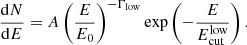 $$ \begin{aligned} \frac{\mathrm{d}N}{\mathrm{d}E} = A \left(\frac{E}{E_0}\right)^{-\Gamma _{\rm low}} \exp \left(-\frac{E}{E_{\rm cut}^\mathrm{low}}\right). \end{aligned} $$