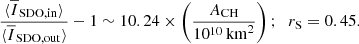 $$ \begin{aligned}&\frac{\langle \overline{I}_{\mathrm{SDO,in} }\rangle }{\langle \overline{I}_{\mathrm{SDO,out} }\rangle }-1 \sim 10.24 \times \left(\frac{A_{\mathrm{CH} }}{10^{10}\,\mathrm{km}^2}\right);\;\; r_{\rm S} = 0.45. \end{aligned} $$
