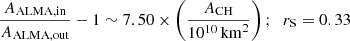 $$ \begin{aligned}&\frac{A_{\rm ALMA,in}}{A_{\rm ALMA,out}}-1 \sim 7.50 \times \left(\frac{A_{\rm CH}}{10^{10}\,\mathrm{km}^2}\right);\;\; r_{\rm S} = 0.33 \end{aligned} $$