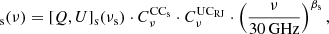 $$ \begin{aligned}[Q,U]_{\rm s}(\nu )=[Q,U]_{\rm s}(\nu _{\rm s}) \cdot C^\mathrm{CC_s}_{\nu } \cdot {C_{\nu }^{\mathrm{UC}_{\rm RJ}}} \cdot \left(\frac{\nu }{30\,\mathrm{GHz}}\right)^{\beta _{\rm s}}, \end{aligned} $$