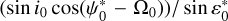 ${{\left( {\sin \,{i_0}\cos \,\left( {\psi _{\rm{0}}^* - {{\rm{\Omega }}_0}} \right)} \right)} \mathord{\left/ {\vphantom {{\left( {\sin \,{i_0}\cos \,\left( {\psi _{\rm{0}}^* - {{\rm{\Omega }}_0}} \right)} \right)} {\sin \,\,\varepsilon _0^*}}} \right. \kern-\nulldelimiterspace} {\sin \,\,\varepsilon _0^*}}$