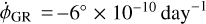 ${\dot \phi _{{\rm{GR}}}} = - 6^\circ \times {10^{ - 10}}\,{\rm{da}}{{\rm{y}}^{ - 1}}$