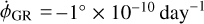 ${\dot \phi _{{\rm{GR}}}} = - 1^\circ \times {10^{ - 10}}\,{\rm{da}}{{\rm{y}}^{ - 1}}$