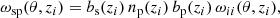 $$ \begin{aligned} \omega _{\rm sp}(\theta , z_{i})=b_{\rm s}(z_{i})\,n_{\rm p}(z_{i})\,b_{\rm p}(z_{i})\,\omega _{ii}(\theta , z_{i}), \end{aligned} $$